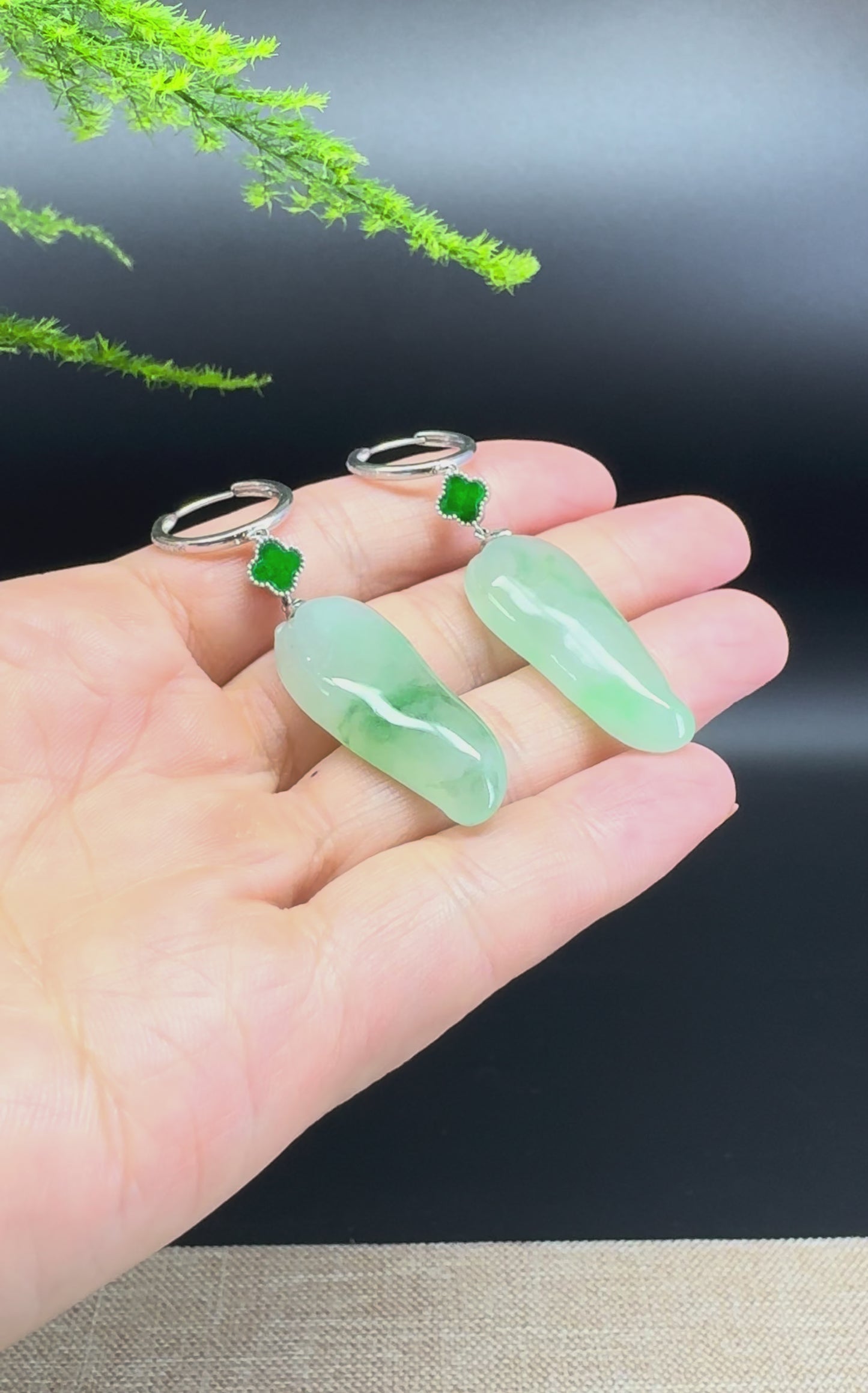 18k White Gold Genuine Icy Green ShouTao Jadeite Jade Earrings With Diamonds