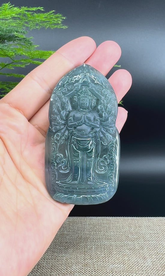 Load and play video in Gallery viewer, RealJade® Co. High Natural Guatemalan Blue Jadeite Jade Thousand armed Guanyin Pendant

