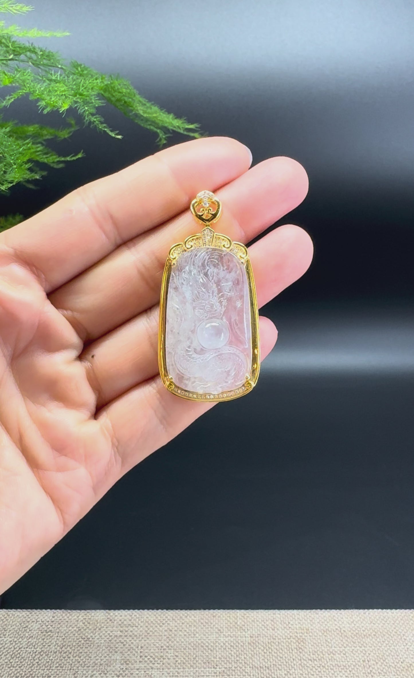 Load and play video in Gallery viewer, RealJade® Co. 18K Yellow Gold Genuine Icy Jadeite Jade Dragon Pendant With Diamonds
