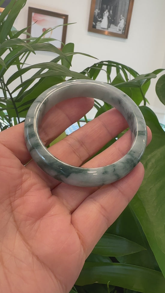 Load and play video in Gallery viewer, Natural Burmese Blue-green Jadeite Jade Bangle Bracelet (54.65mm)#T038
