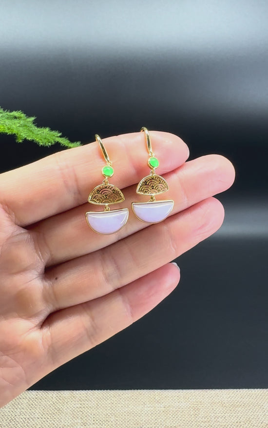 Load and play video in Gallery viewer, 18k Yellow Gold Genuine Lavender Crescent Moon Jadeite Jade Earrings
