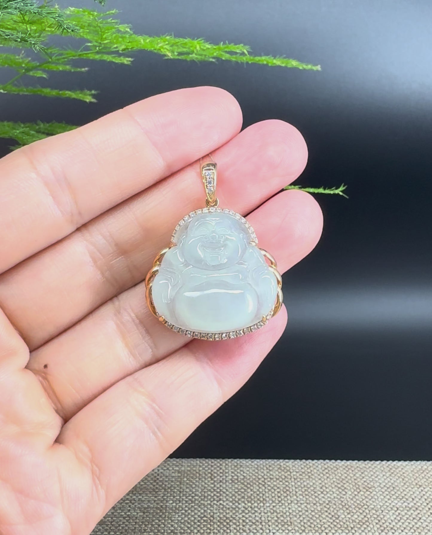 Load and play video in Gallery viewer, RealJade® &amp;quot;Laughing Buddha&amp;quot; 18k Rose Gold Genuine Ice Jadeite Jade Pendant
