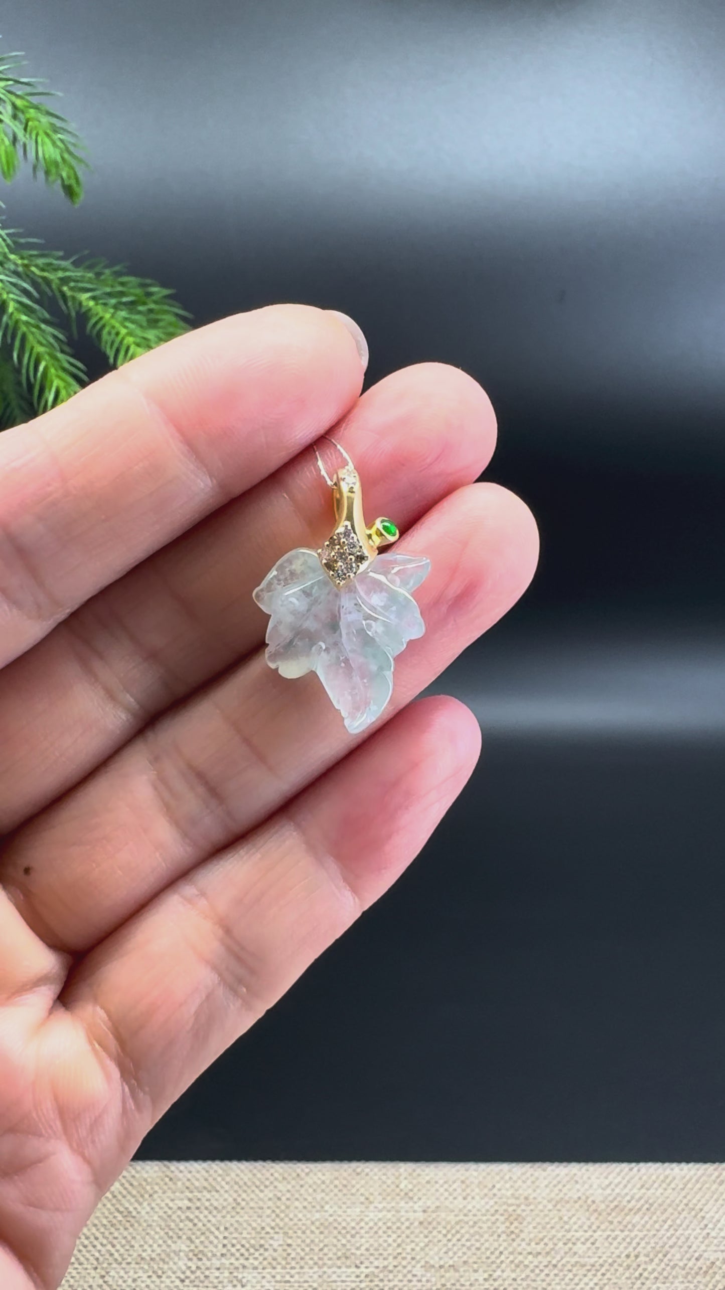 RealJade® "Maple Leaf" 18K Yellow Gold Icy Blue Flower Jadeite Jade Pendant With Diamonds