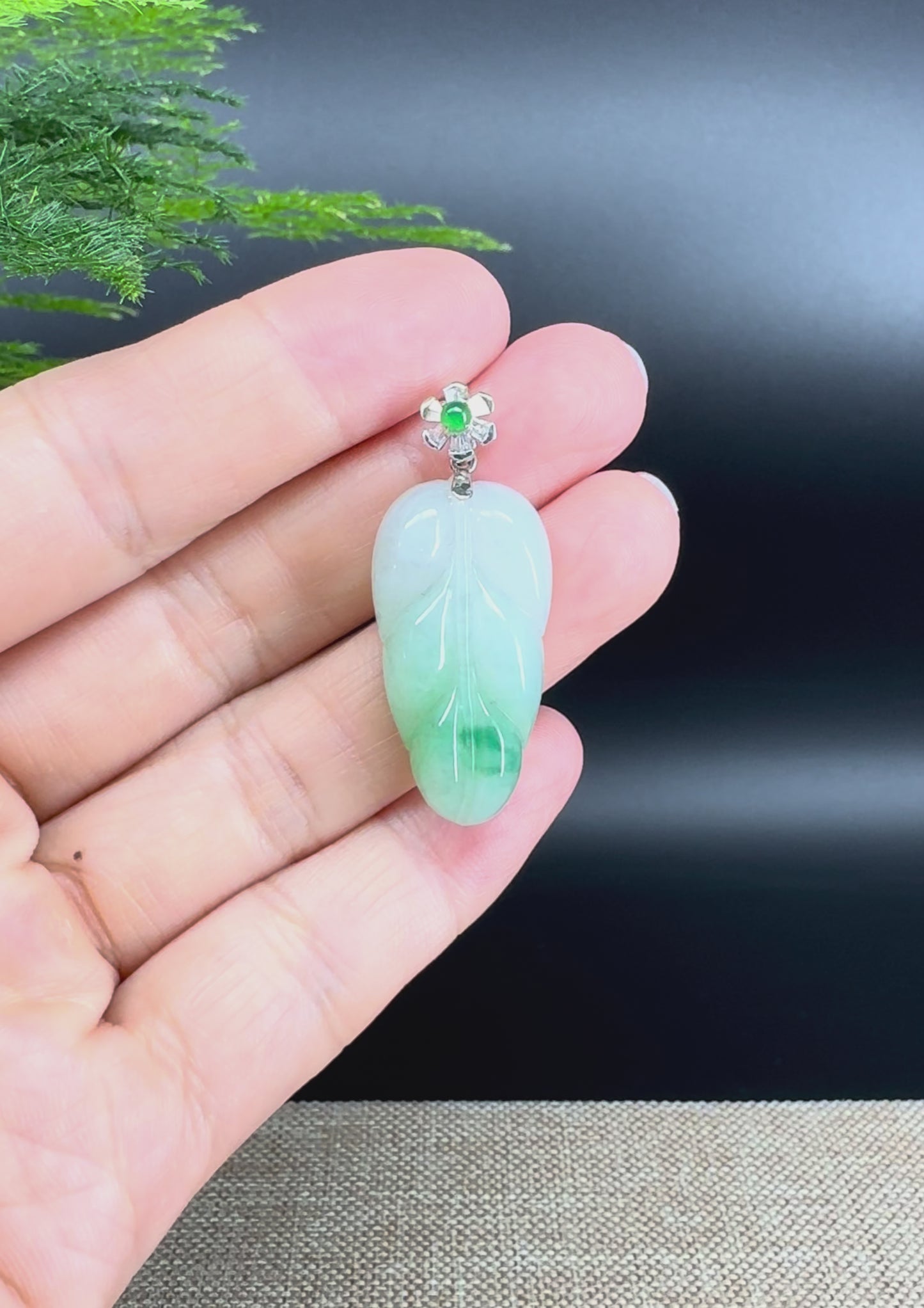 RealJade® Co. Genuine Ice Green Jadeite Jade Jin Zhi Yu Ye (Leaf) Necklace With 18K White Gold Bail