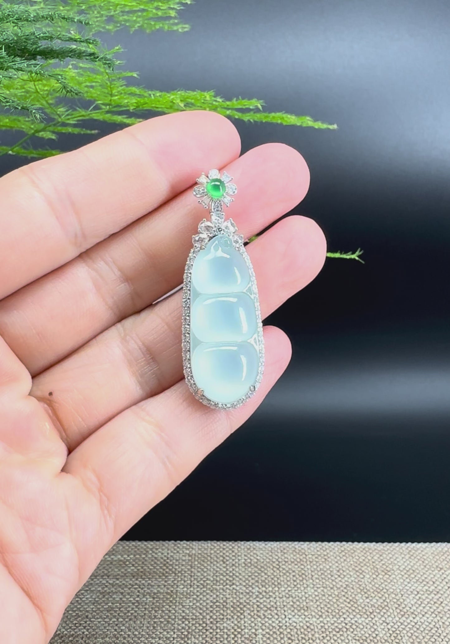 Load and play video in Gallery viewer, RealJade® Co. Genuine Burmese Icy Green Jadeite Jade Fu Dou Pendant with 18k White Gold Diamond Bail
