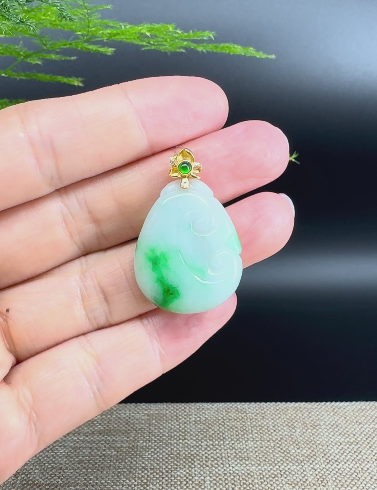 RealJade® Co. Genuine White Green Jadeite Jade Good Luck RuYi Necklace With 18K Yellow Gold Bail