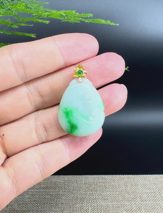 Load and play video in Gallery viewer, RealJade® Co. Genuine White Green Jadeite Jade Good Luck RuYi Necklace With 18K Yellow Gold Bail

