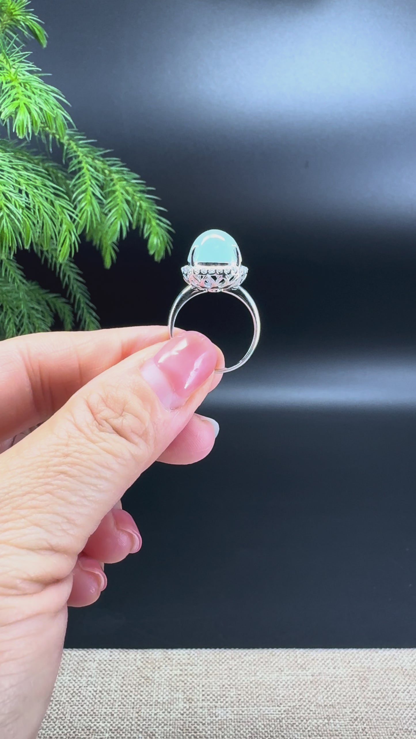 RealJade® "Amelie" 18k White Gold Natural Ice Green Jadeite Hulu Ring With Diamonds