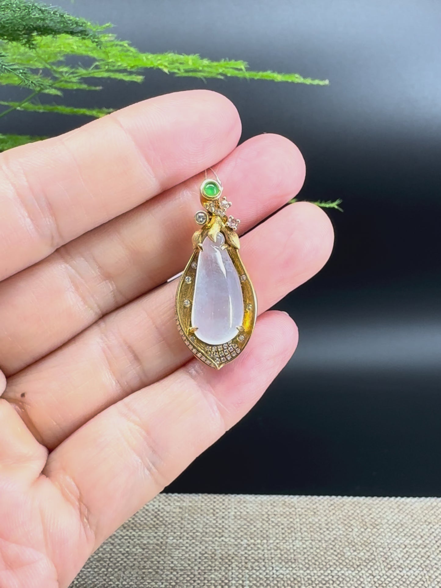 RealJade 18k Yellow Gold Genuine Burmese Jadeite Eggplant Pendant Necklace