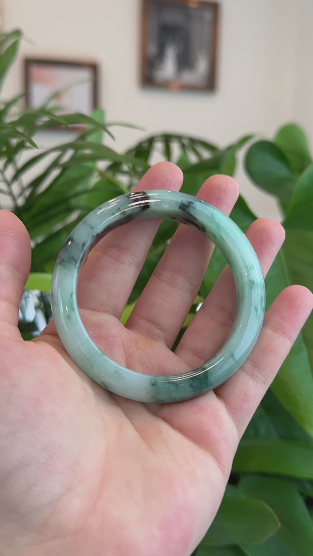 Load and play video in Gallery viewer, Natural Burmese Blue-green Jadeite Jade Bangle Bracelet (55.48mm)#T013
