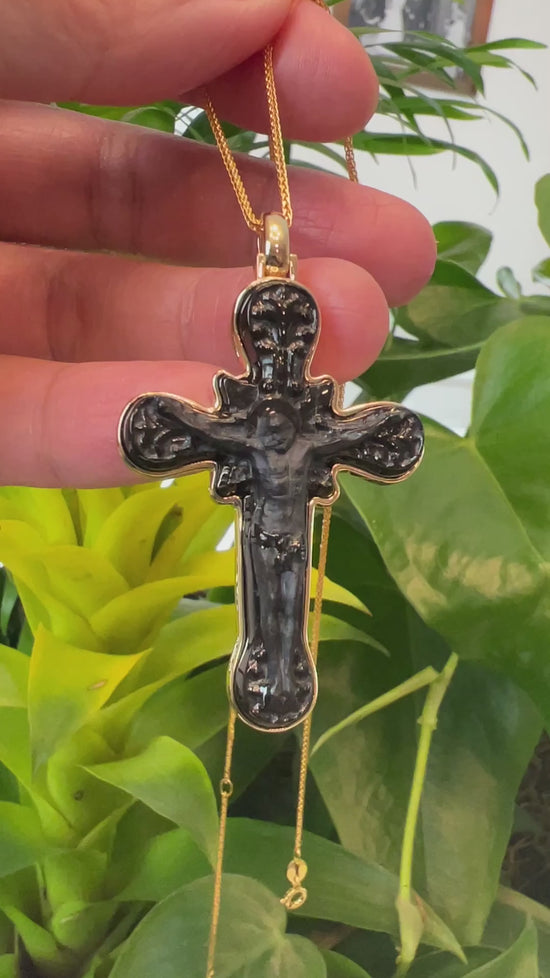 Load and play video in Gallery viewer, RealJade® 14K Yellow Gold &amp;amp; Black Nephrite Jade Crucifix Pendant
