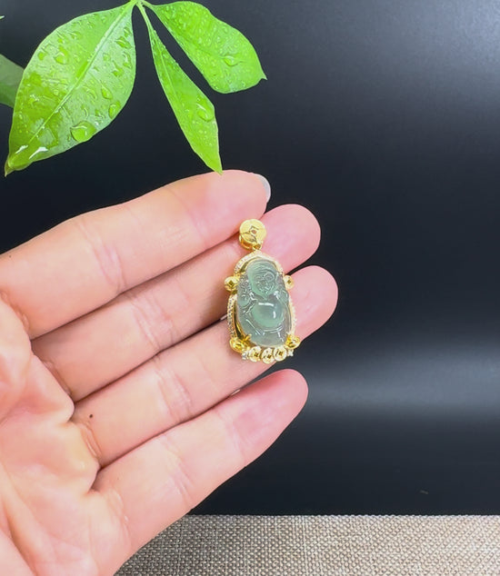 Load and play video in Gallery viewer, 18K Yellow Gold Burmese Green Jadeite Jade Money Saint Pendant with Diamond
