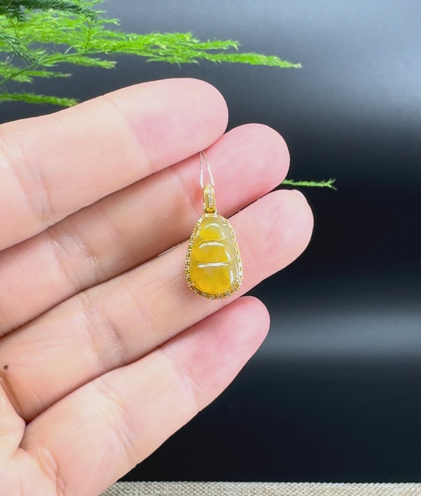 Load and play video in Gallery viewer, High end Genuine Burmese Honey yellow Jadeite Pendant with 18k Yellow Gold Bail
