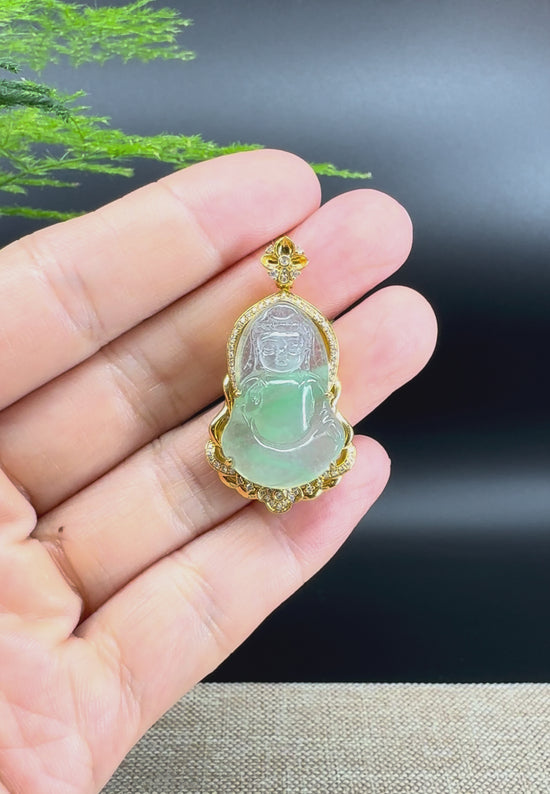 Load and play video in Gallery viewer, High-end 18K Yellow Gold Burmese Icy Apple Green Jadeite Jade Guanyin Pendant with Diamond
