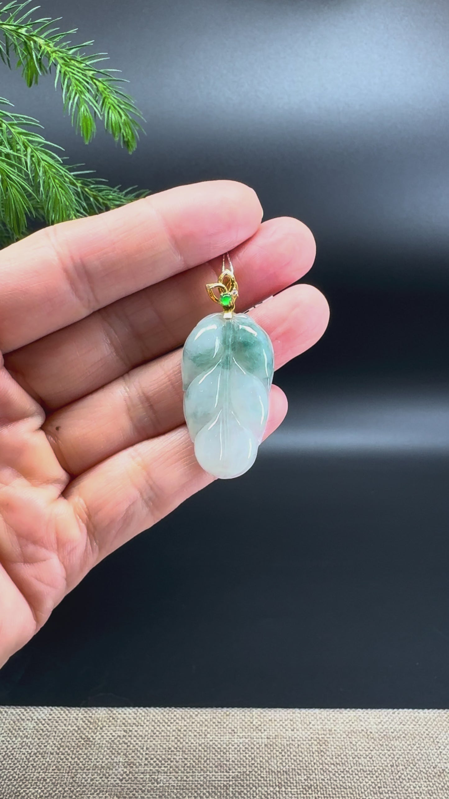 RealJade® Co. Genuine Light Blue Flower Jadeite Jade Jin Zhi Yu Ye (Leaf) Necklace With 18K Yellow Gold Diamonds Bail