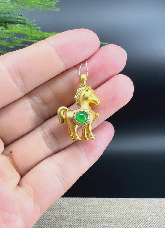 Load and play video in Gallery viewer, RealJade®  12 Zodiac: 18k Yellow Gold Horse Pendant Necklace with Green Imperial Jade &amp;amp; Diamonds
