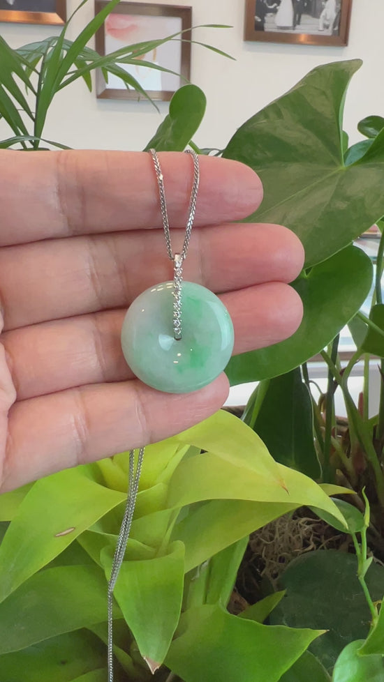 Load and play video in Gallery viewer, RealJade® Co. Genuine Green Jadeite Jade Lucky KouKou &amp;quot; Ping An Kou &amp;quot; Pendant With 14K White Gold Bail &amp;amp; VS1 Diamond In Center.
