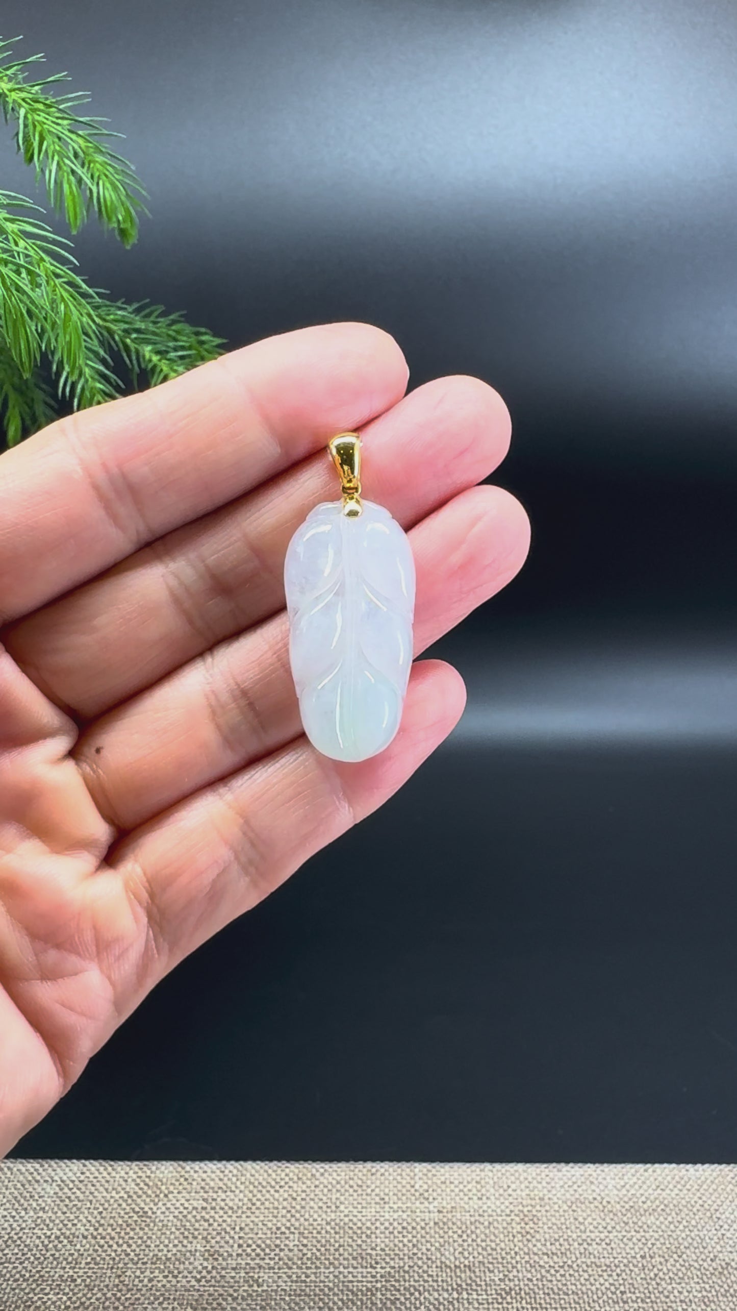 RealJade® Co. Genuine Icy White Jadeite Jade Jin Zhi Yu Ye (Leaf) Necklace With 18K Yellow Gold Bail