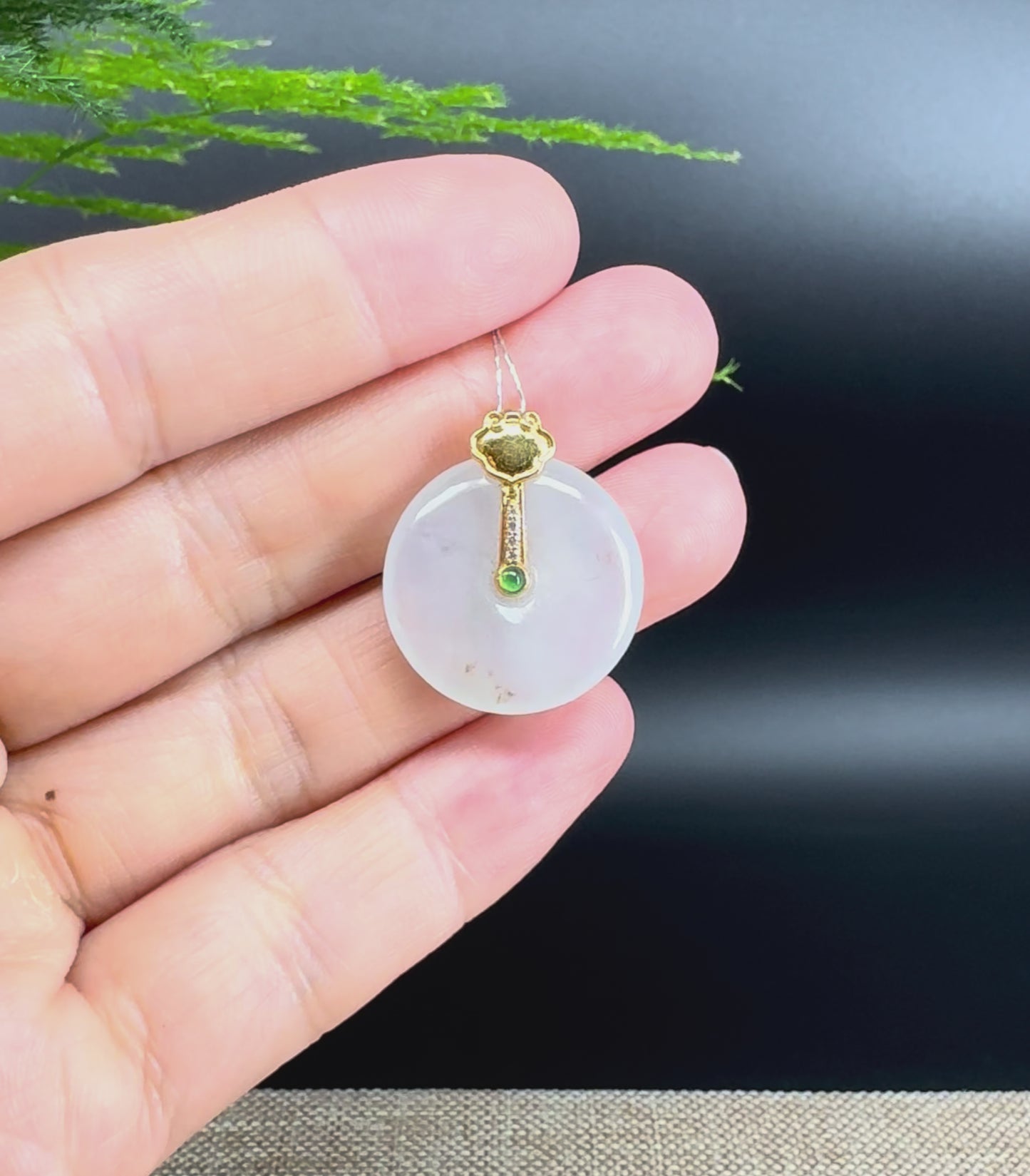 "Good Luck Button" Icy Jadeite Jade Lucky KouKou Pendant With 18K Yellow Gold Bail