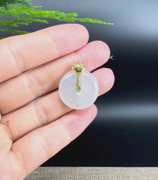 Load and play video in Gallery viewer, &amp;quot;Good Luck Button&amp;quot; Icy Jadeite Jade Lucky KouKou Pendant With 18K Yellow Gold Bail
