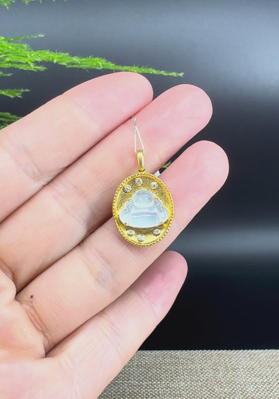 Load and play video in Gallery viewer, RealJade® Co. 18K Yellow Gold Genuine Burmese Ice Jadeite Buddha Pendant with Diamonds
