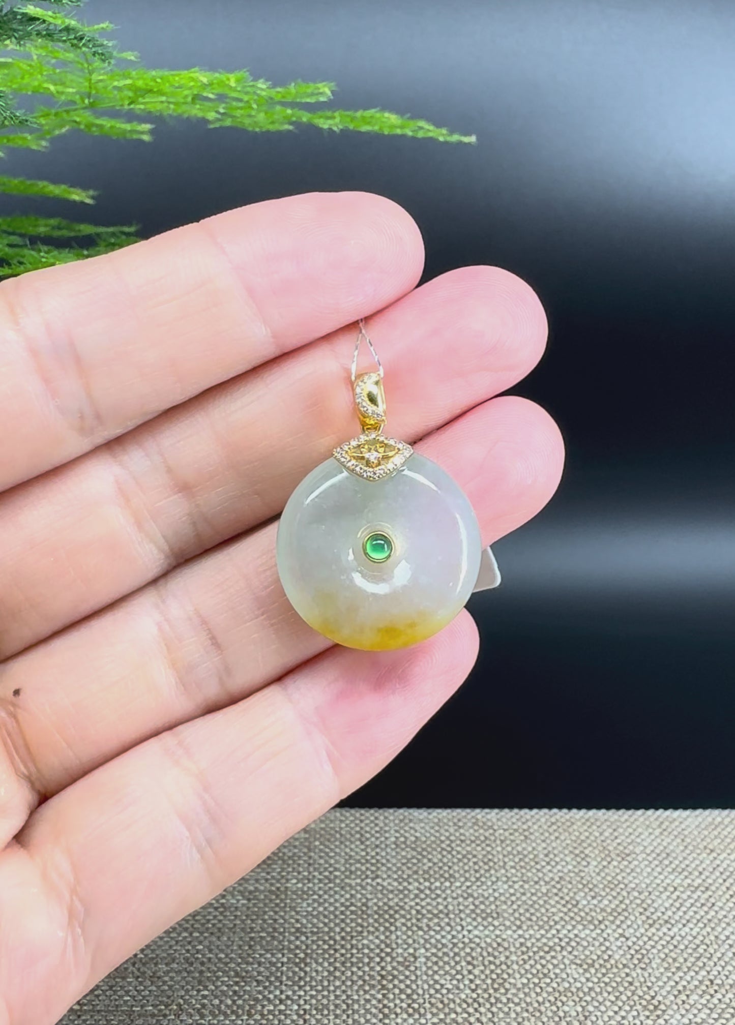 Load and play video in Gallery viewer, &amp;quot;Good Luck Button&amp;quot;Icy Yellow Green Jadeite Jade Lucky KouKou Pendant With 18K Yellow Gold Bail
