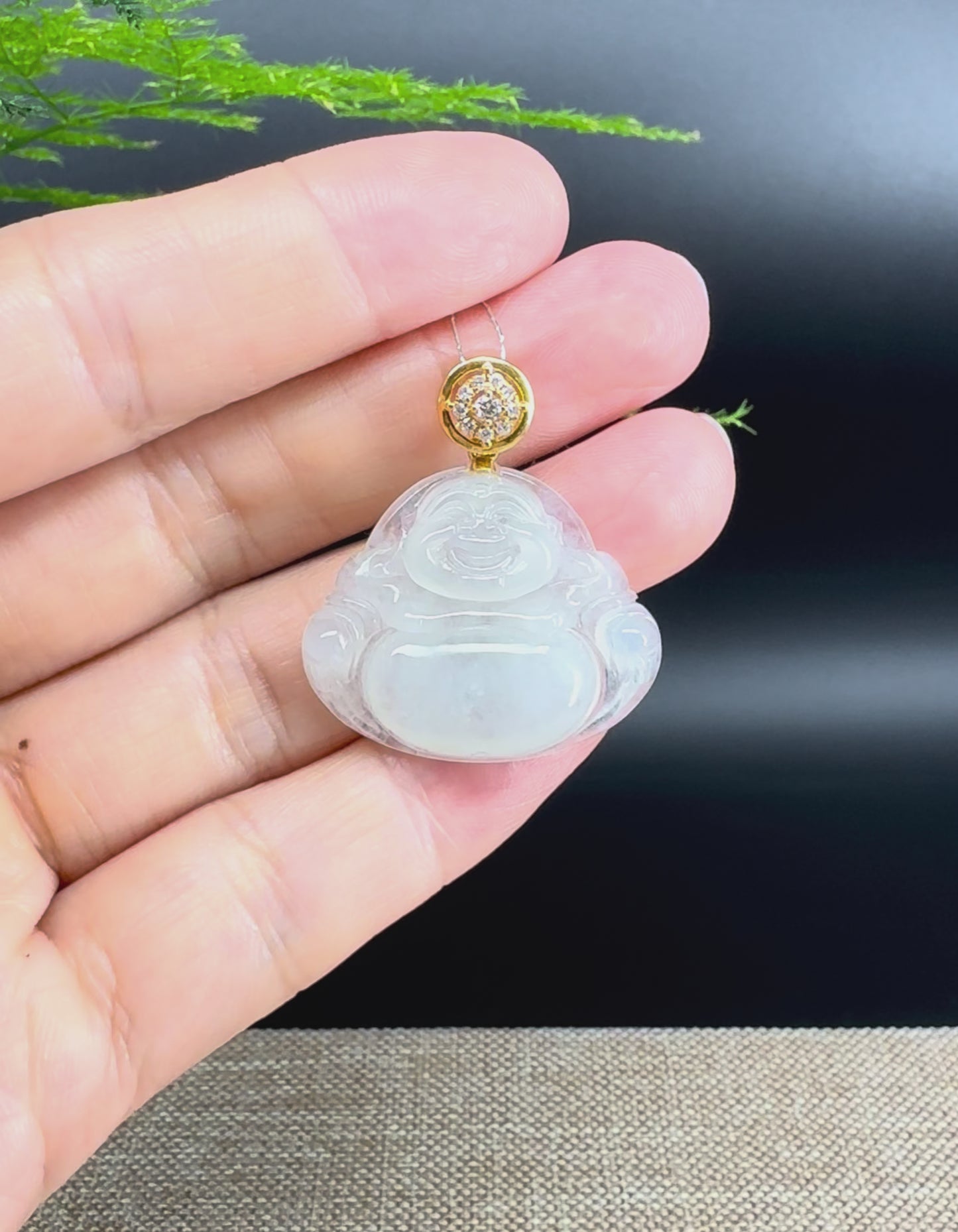 18K Yellow Gold Burmese Icy White Jadeite Jade Happy Buddha Pendant