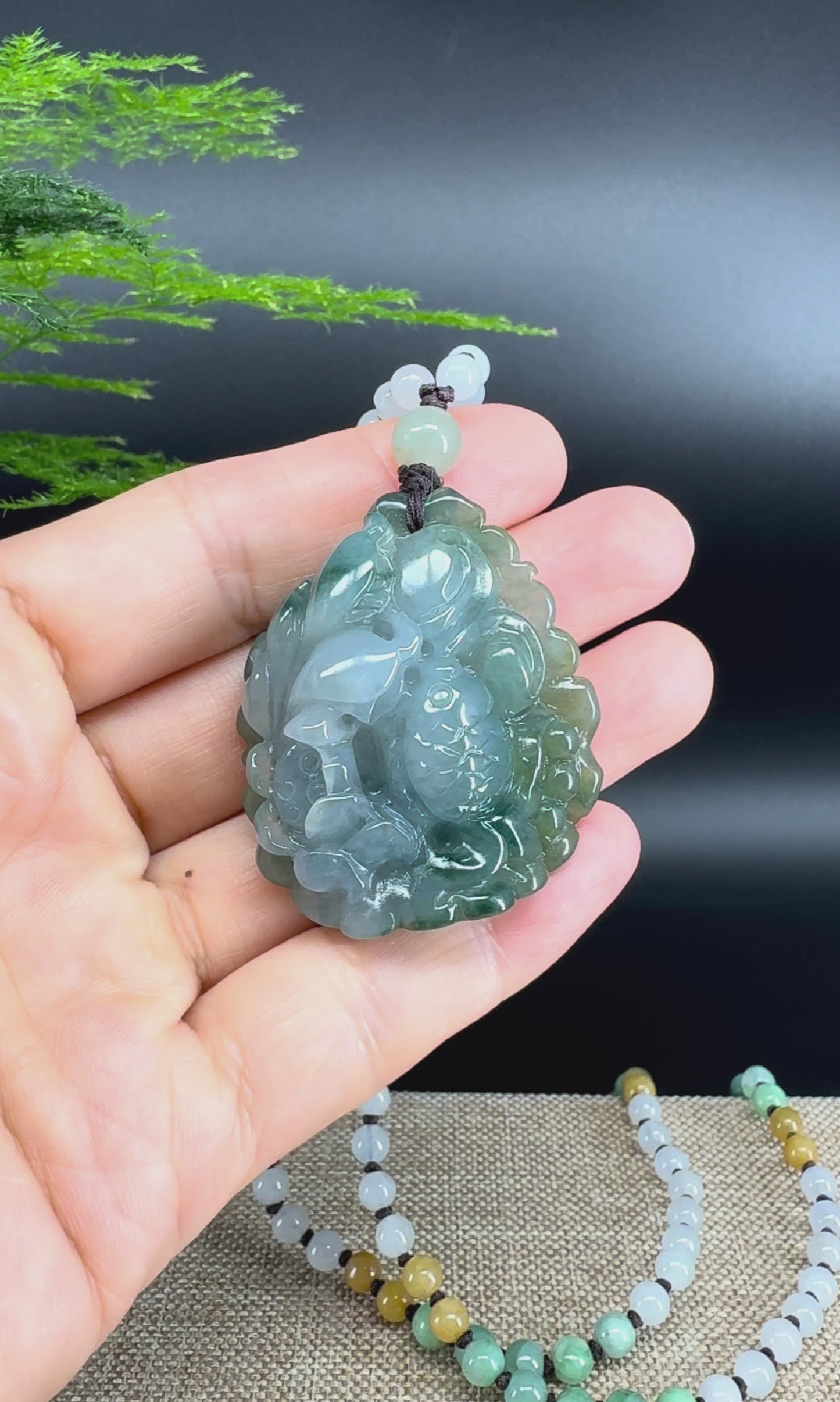 RealJade® Co.  Genuine Burmese Jadeite Jade  Fish and Lotus Pendant Necklace