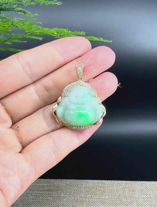 Load and play video in Gallery viewer, High-end 18K Yellow Gold Burmese White Green Jadeite Jade Happy Buddha Pendant with Diamond
