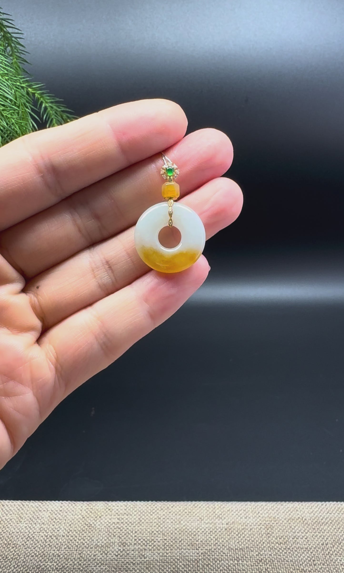 "Good Luck Button"Jadeite Jade Honey-Yellow Lucky KouKou Pendant With 18K Yellow Gold Diamonds Bail