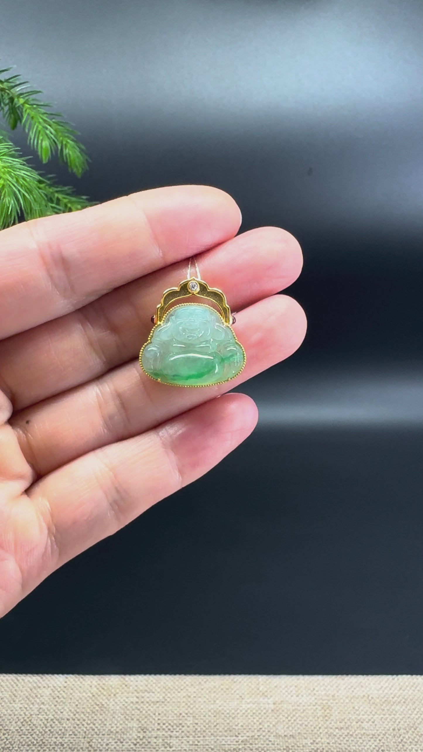 Load and play video in Gallery viewer, 18K Yellow Gold Burmese Icy Green Jadeite Jade Happy Buddha Pendant
