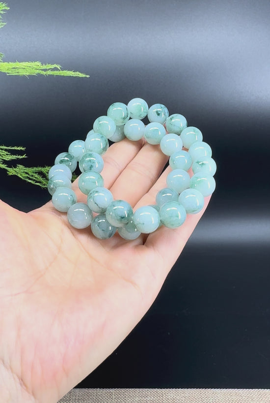 Load and play video in Gallery viewer, RealJade® Genuine Jadeite Jade Round Icy Blue Beads Bracelet ( 12mm ) For Men
