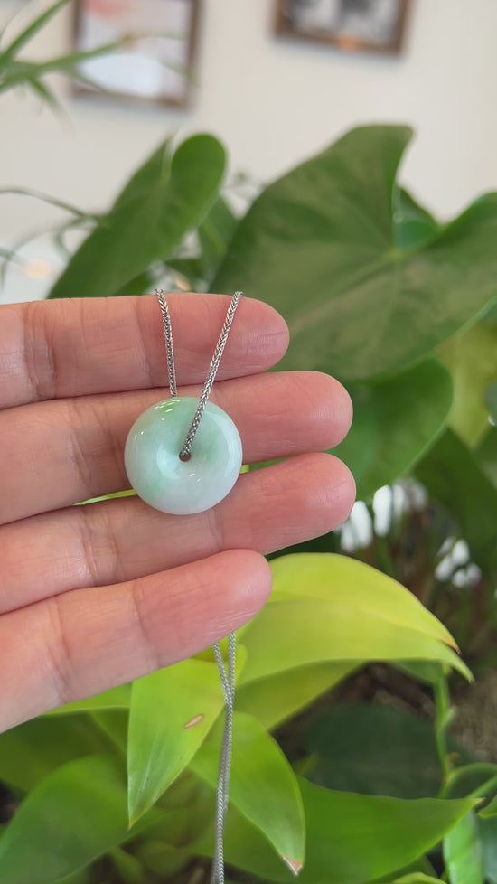 Load and play video in Gallery viewer, RealJade® Co. &amp;quot;Good Luck Button&amp;quot; Necklace Ice Green Jadeite Jade Pendant

