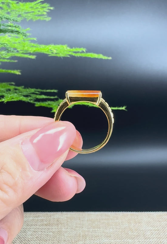 Load and play video in Gallery viewer, RealJade® &amp;quot;Signature Signet&amp;quot; 18K Yellow Gold  Honey Yellow Jadeite Jade With Dianonds Ring

