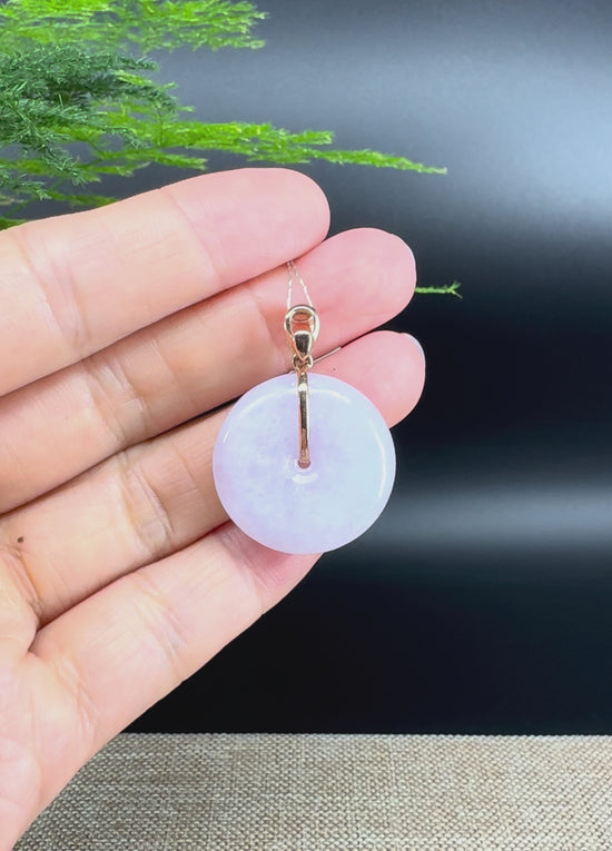 Load and play video in Gallery viewer, &amp;quot;Good Luck Button&amp;quot; Lavender Jadeite Jade Lucky KouKou Pendant With 18K Rose Gold Bail
