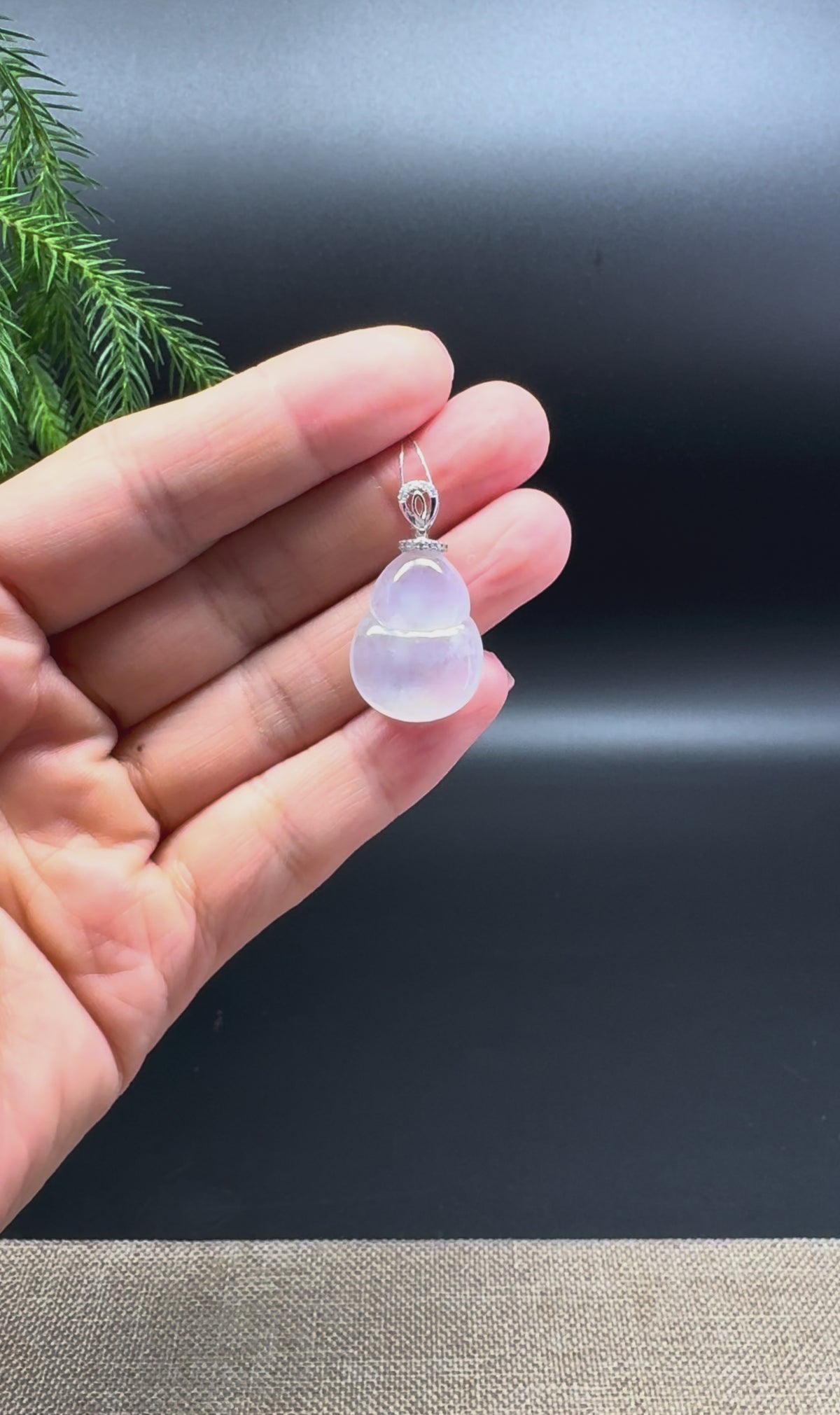 Genuine Icy Jadeite Jade Good Luck Hulu Necklace With 18K White Gold Diamonds Bail