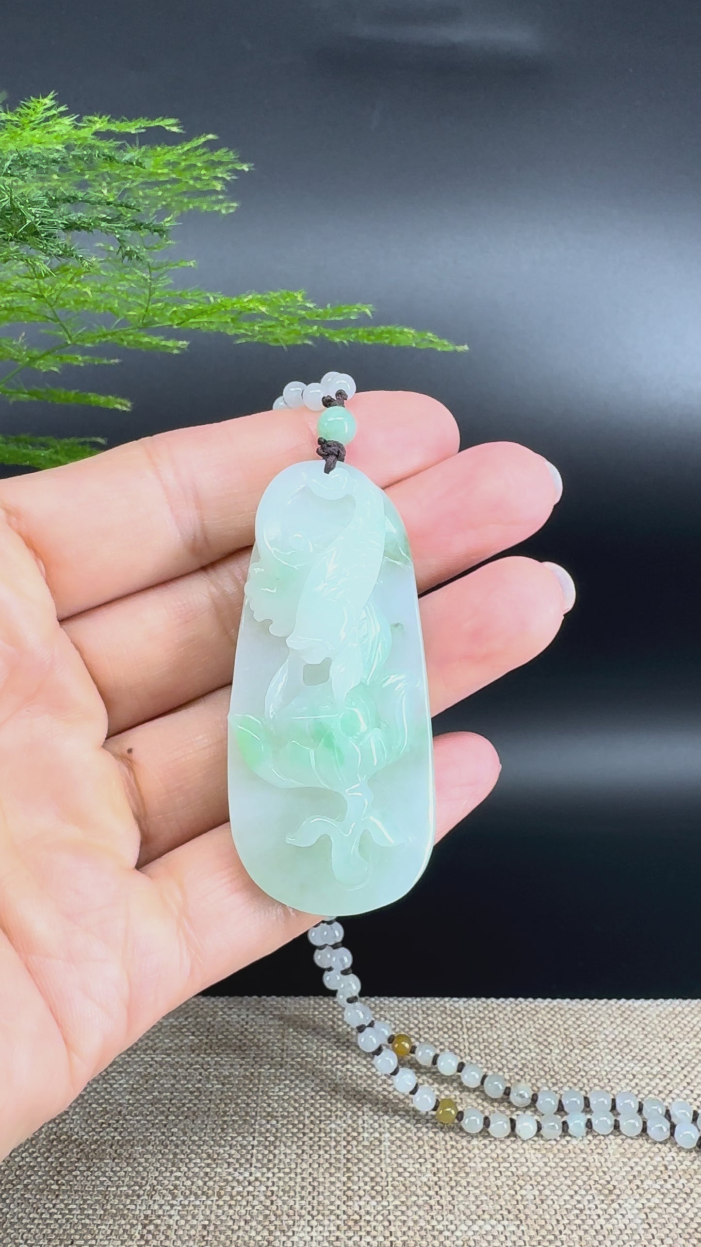 Load and play video in Gallery viewer, RealJade® Co.  Genuine Burmese Jadeite Jade  Fish and Lotus Pendant Necklace
