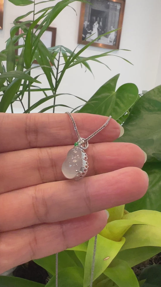 Load and play video in Gallery viewer, RealJade® Co. &amp;quot;Hulu&amp;quot; 18k White Gold Natural Ice Jadeite Jade Pendant W/ Diamonds
