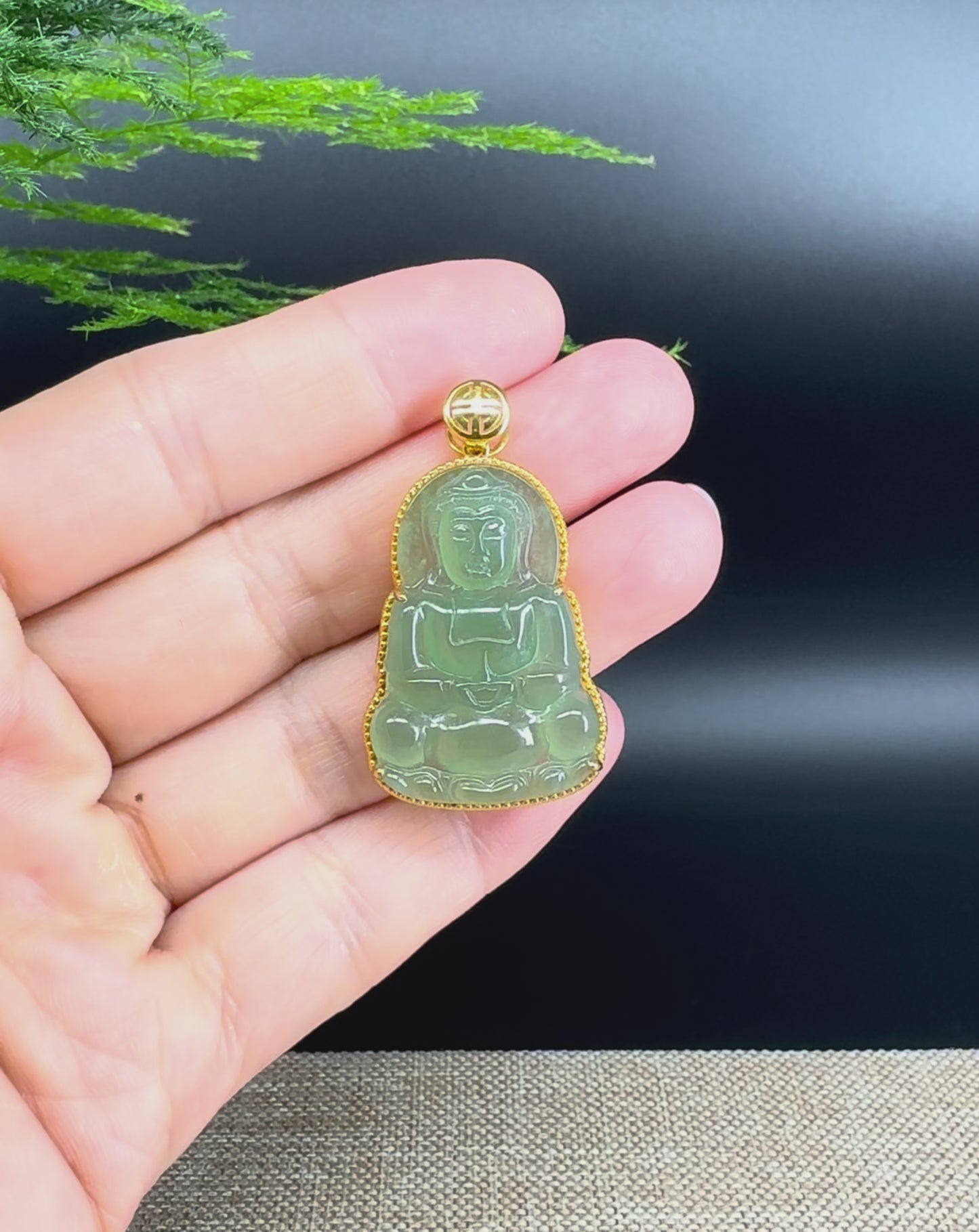 Load and play video in Gallery viewer, &amp;quot;Goddess of Compassion&amp;quot; 18k Yellow Gold Genuine Burmese Jadeite Jade Guanyin Necklace With Good Luck Design
