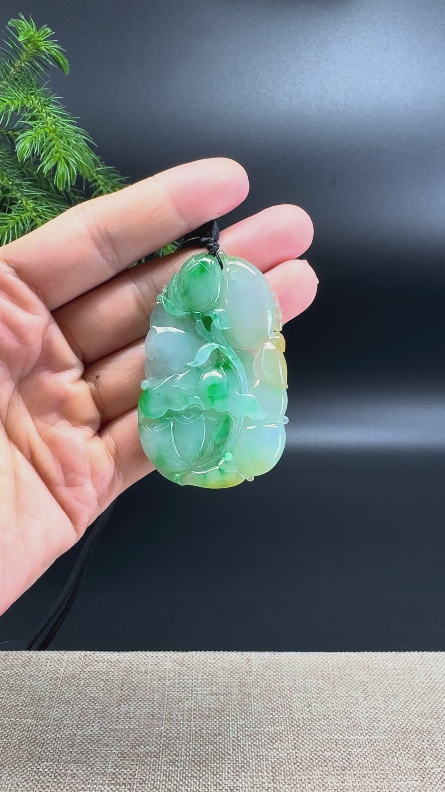 RealJade® Co. Natural Icy Yellow & Green Jadeite Jade Lotus & Fish Pendant