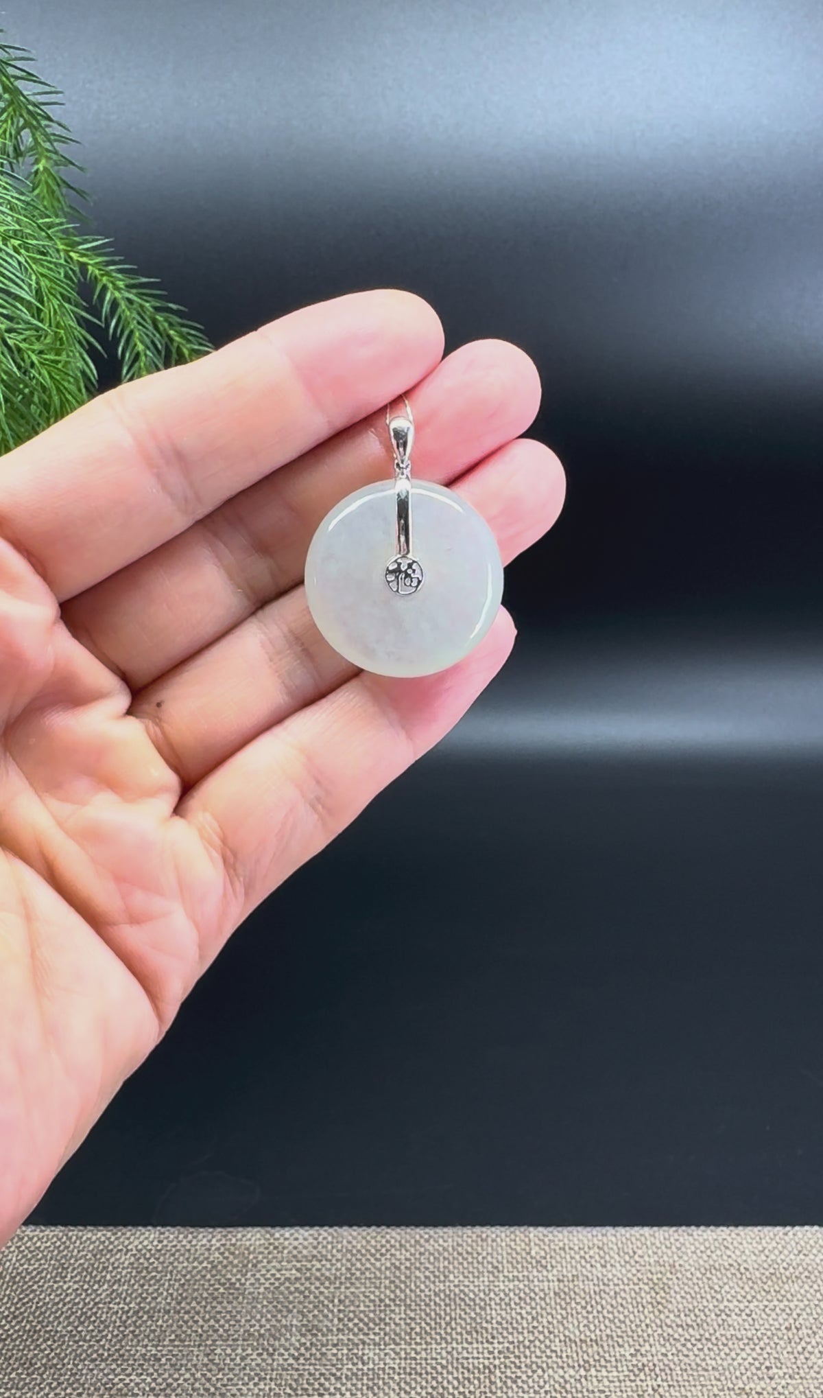 "Good Luck Button" Icy Green Jadeite Jade Lucky KouKou Pendant With 18K White Gold Bail