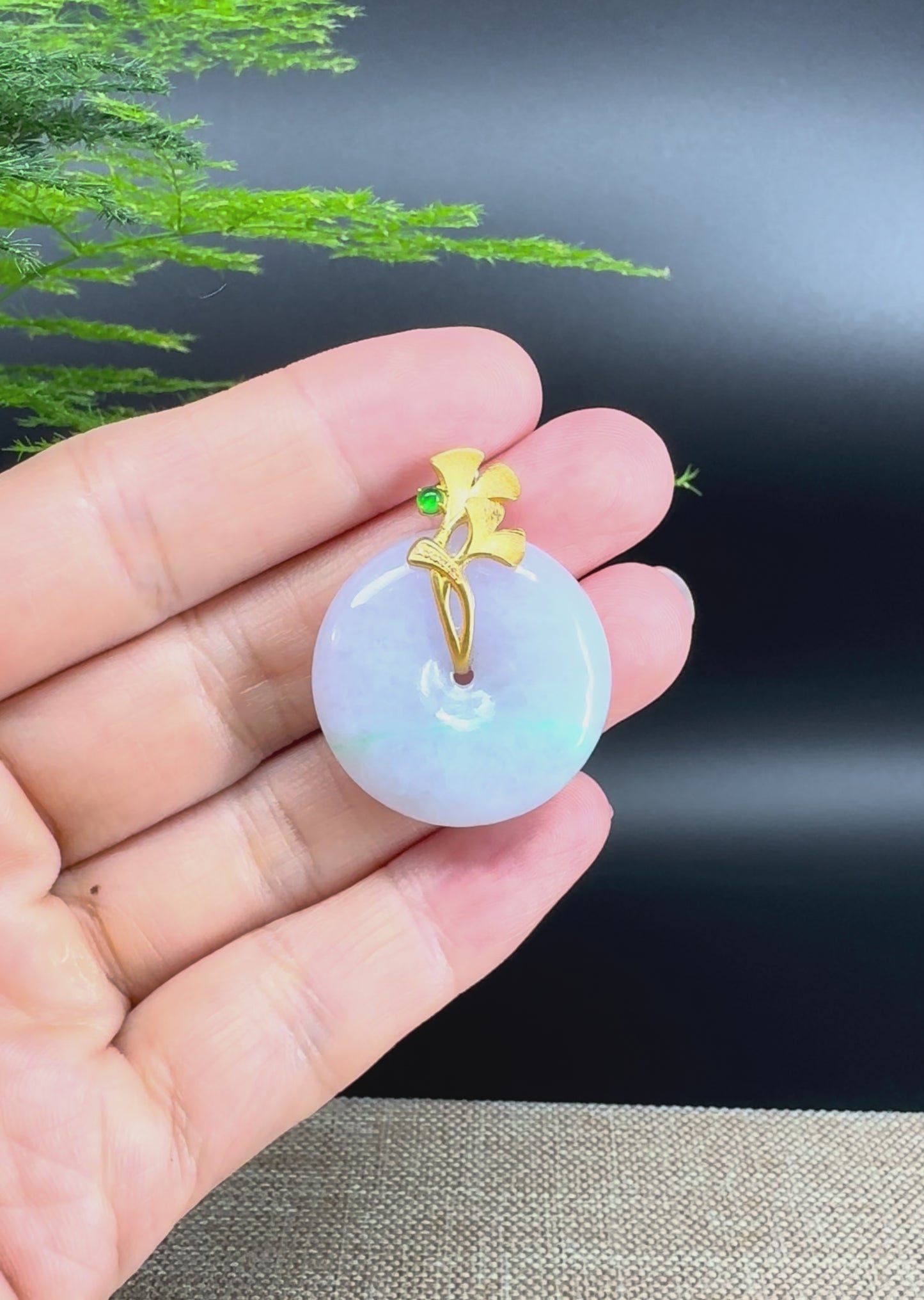 "Good Luck Button" Lavender Jadeite Jade Lucky KouKou Pendant With 18K Yellow Gold Bail