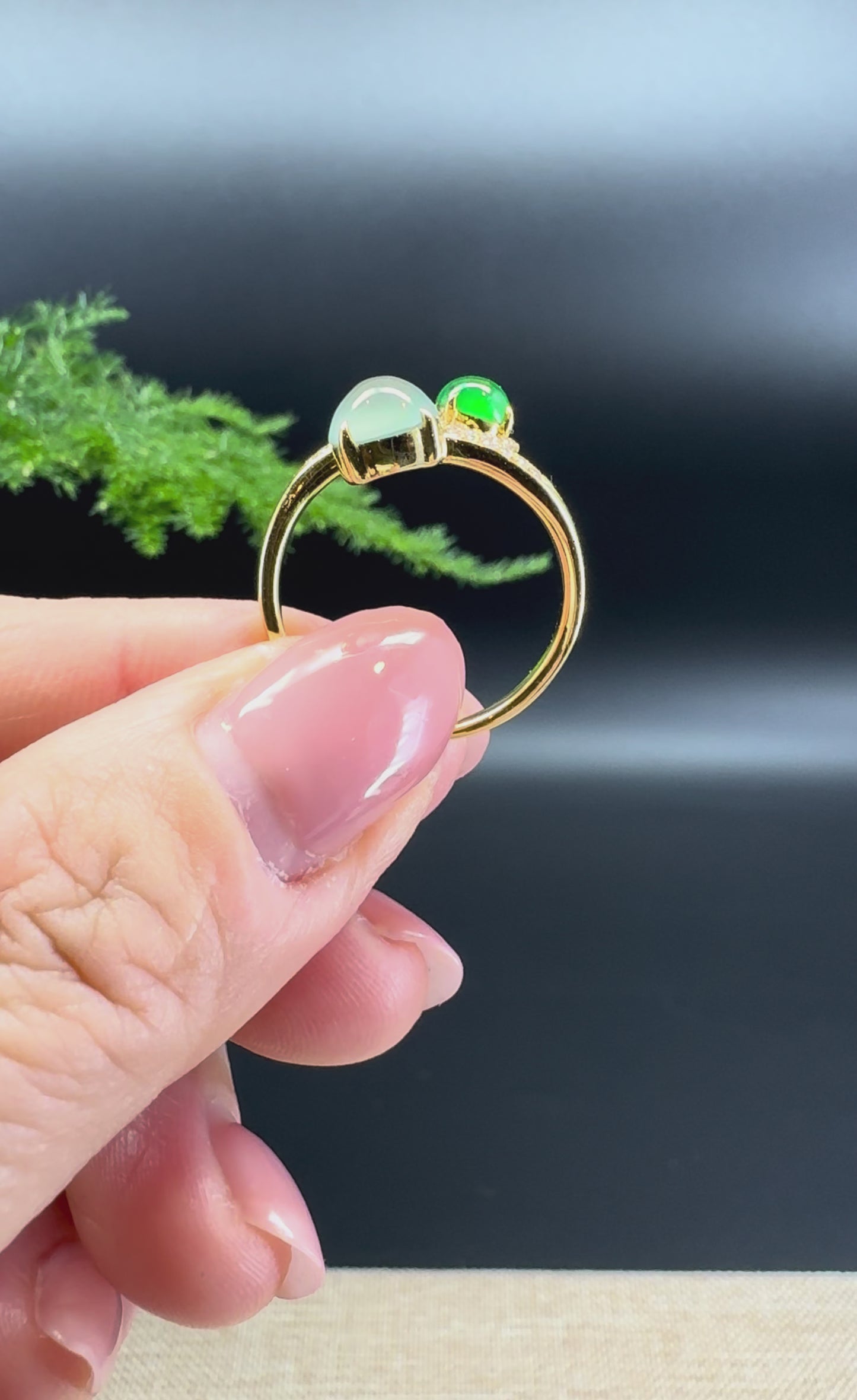 RealJade® 18k Yellow Gold Natural Ice Double Color Jadeite Engagement Ring With Diamonds