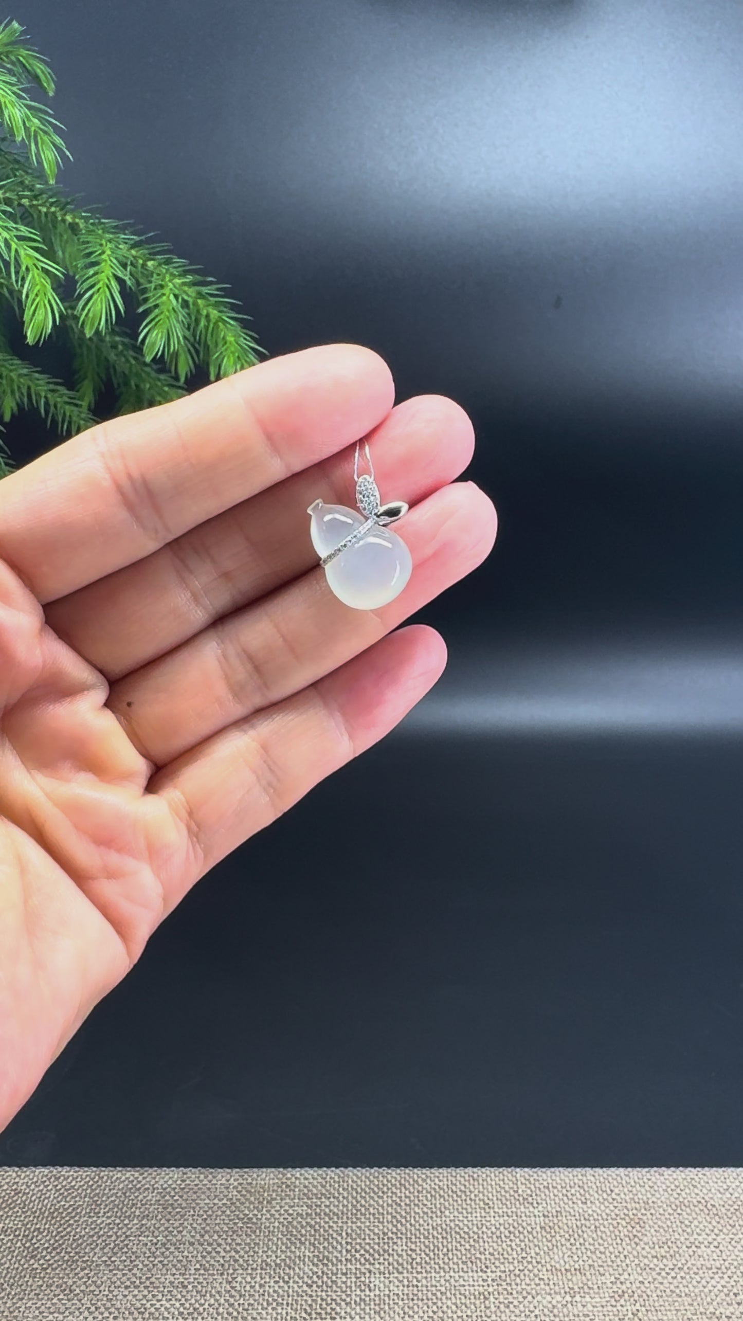 Genuine Icy White Jadeite Jade Good Luck Hulu Necklace With 18K White Gold Diamonds Bail