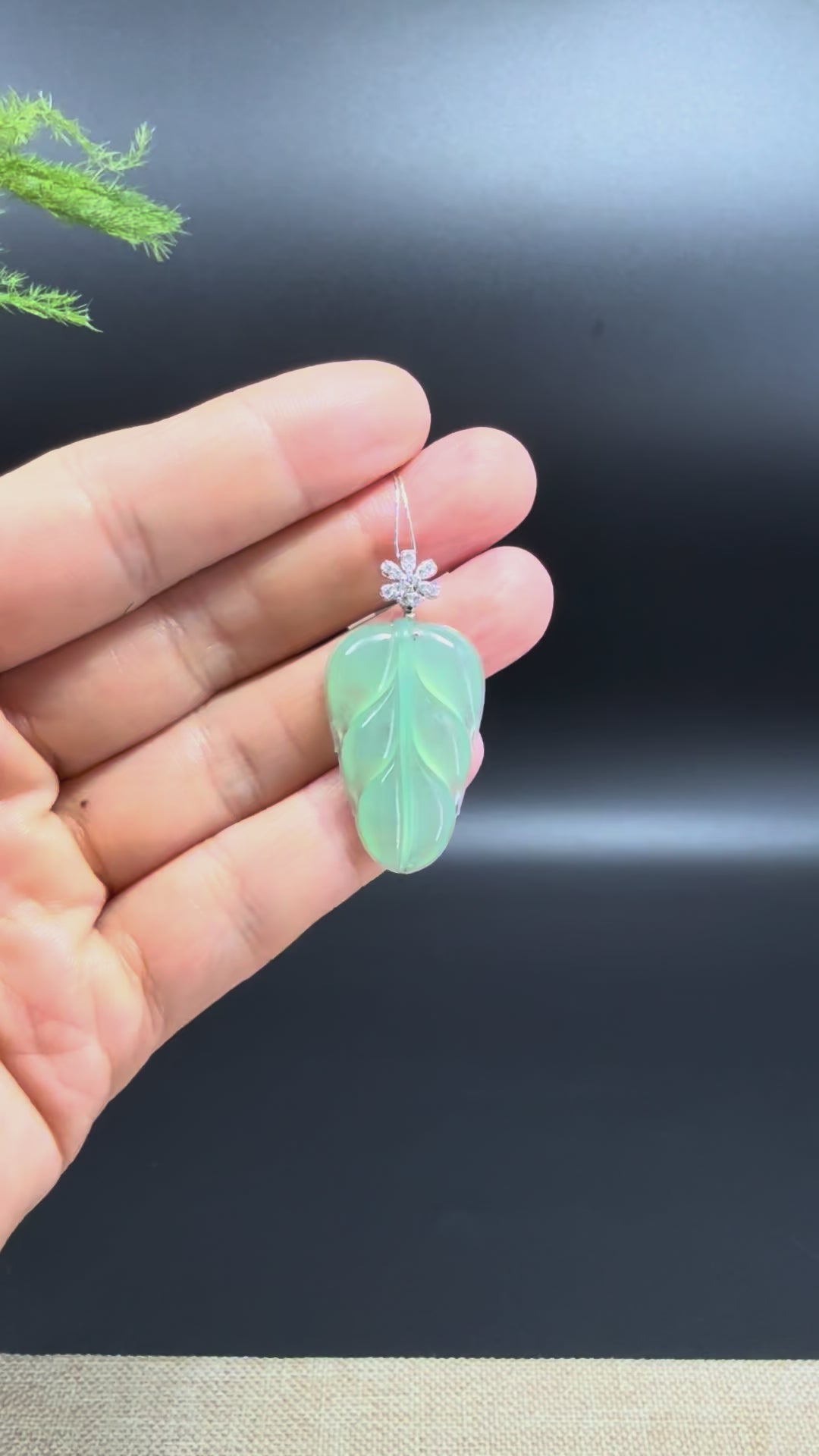 Load and play video in Gallery viewer, RealJade® Co. Genuine Icy Green Jadeite Jade Jin Zhi Yu Ye (Leaf) Necklace With 18K White Gold Diamonds Bail
