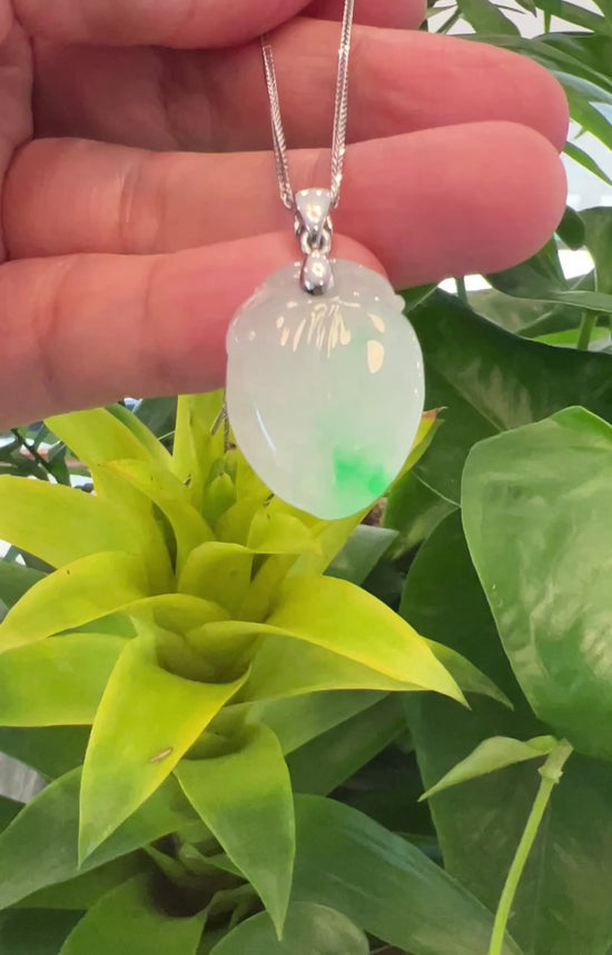 Load and play video in Gallery viewer, RealJade® Natural Jadeite &amp;quot;Longevity Peach&amp;quot; ShouTao Necklace With 18k White Gold Diamond Bail
