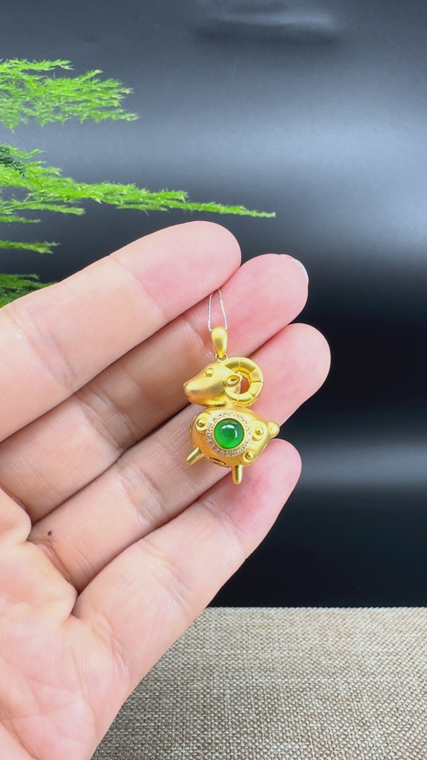 Load and play video in Gallery viewer, RealJade®  12 Zodiac: 18k Yellow Gold Sheep Pendant Necklace with Green Imperial Jade &amp;amp; Diamonds
