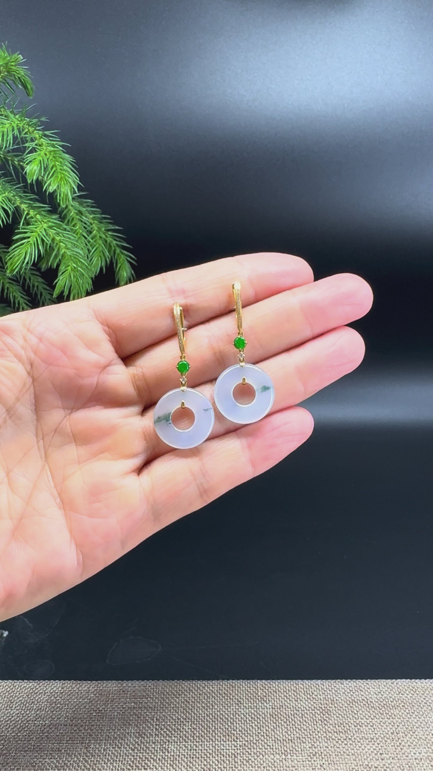 18k Yellow Gold Genuine Icy Blue-Flower KouKou Jadeite Jade Earrings With Diamonds