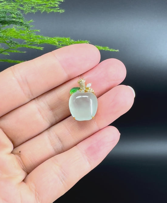Load and play video in Gallery viewer, RealJade® Co. Genuine Icy Jadeite Jade Good Luck Apple Necklace With 18K Yellow Gold Bail
