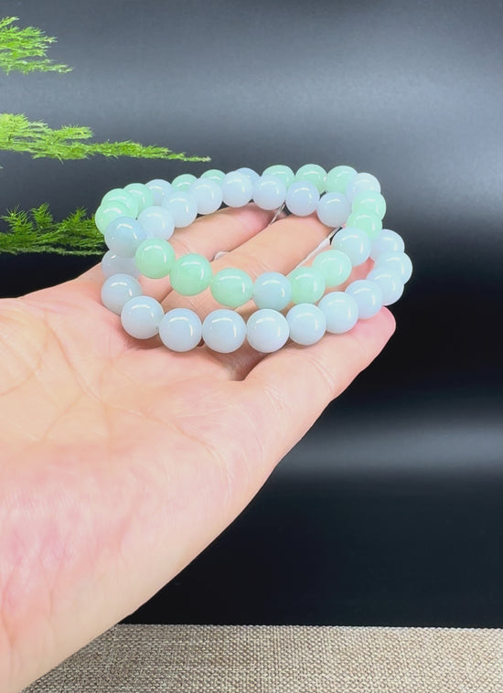 Load and play video in Gallery viewer, Genuine Jadeite Jade Round Lavender Green  Beads Bracelet (8.5 mm)
